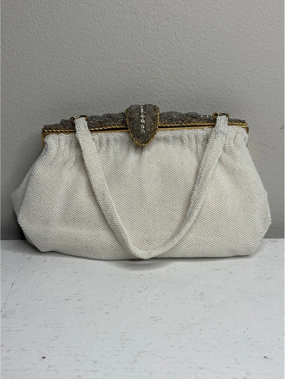 Vintage Manhill Paris White & Silver Seed Bead with Rhinestone Evening Bag